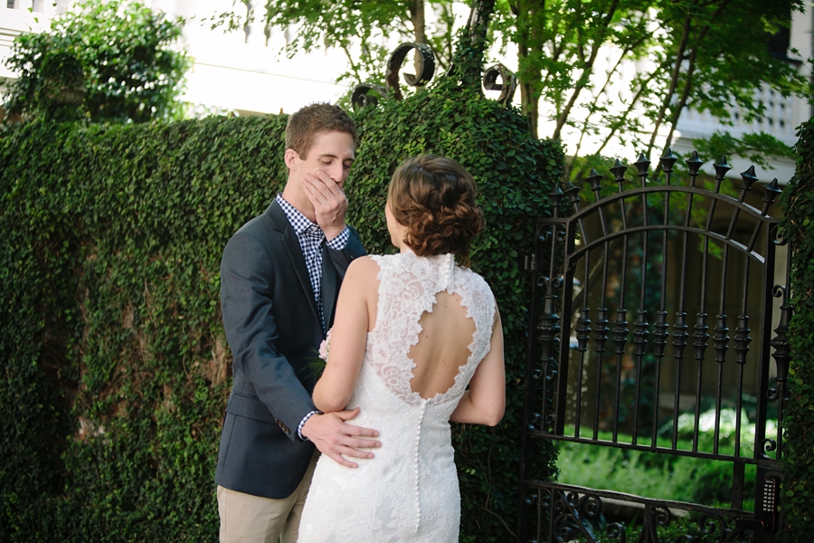 First look_Downtown Savannah Garden Wedding_Russet