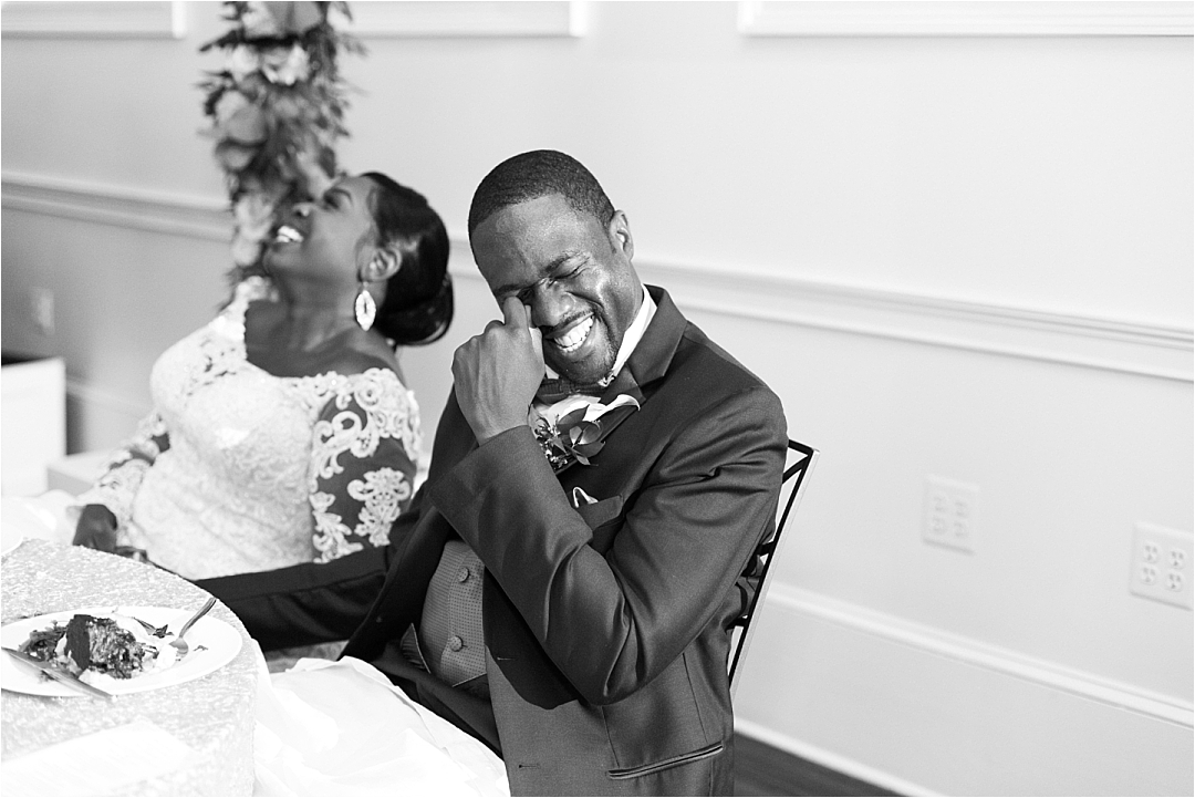 happy couple laughing at wedding toasts_Photos by Leigh Wolfe, Atlanta's Top Wedding Photographer