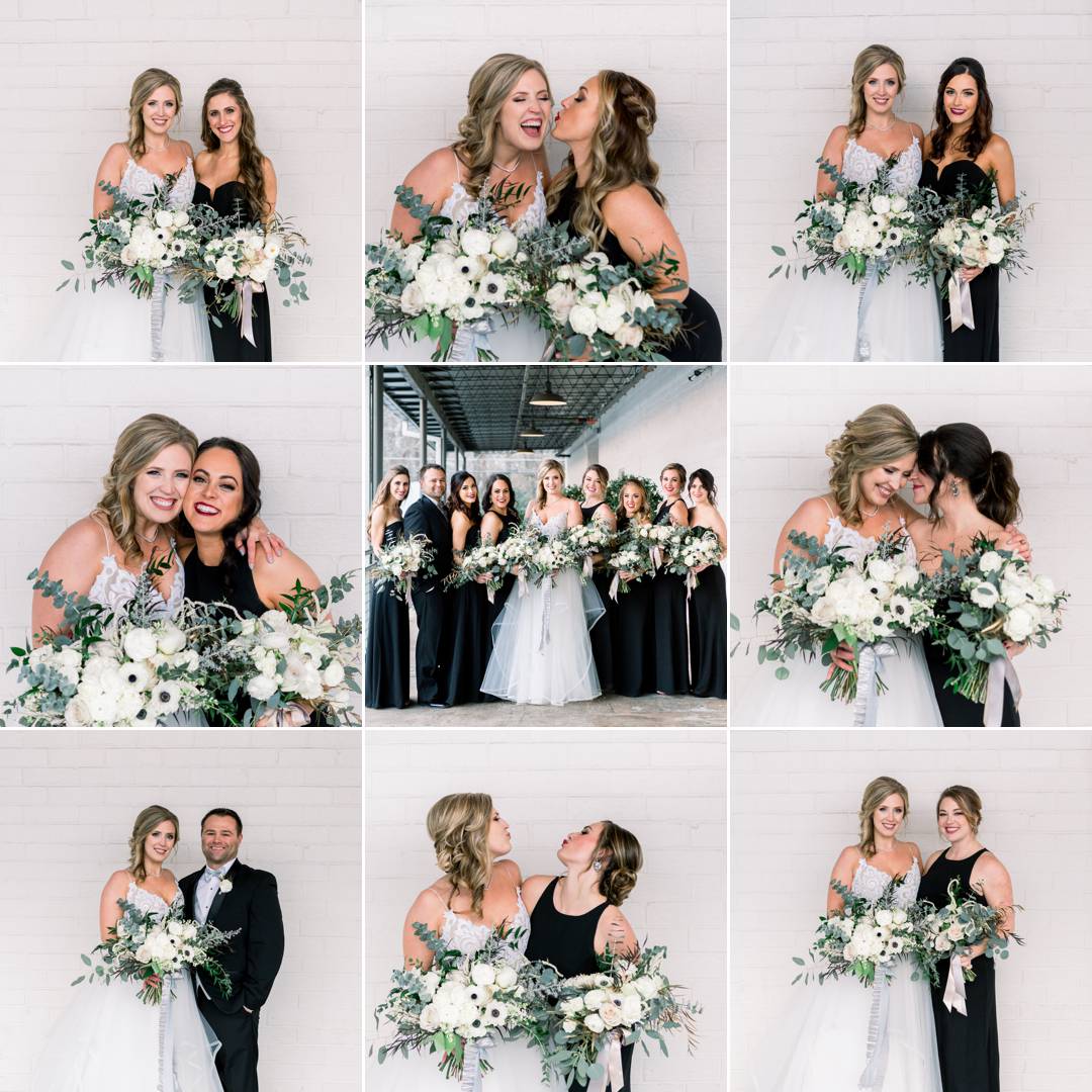 Fun bridal party shots in classy black bridesmaids dresses. NYE wedding at the Stave Room by Atlanta wedding photographer Leigh Wolfe Photography.