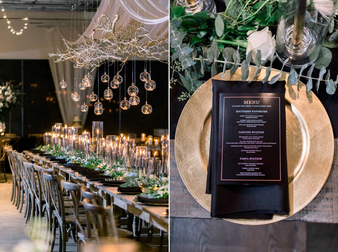 Black and gold reception. Hundreds of candles at the head table, gold chargers, and so much more. NYE wedding at the Stave Room by Atlanta wedding photographer Leigh Wolfe Photography.