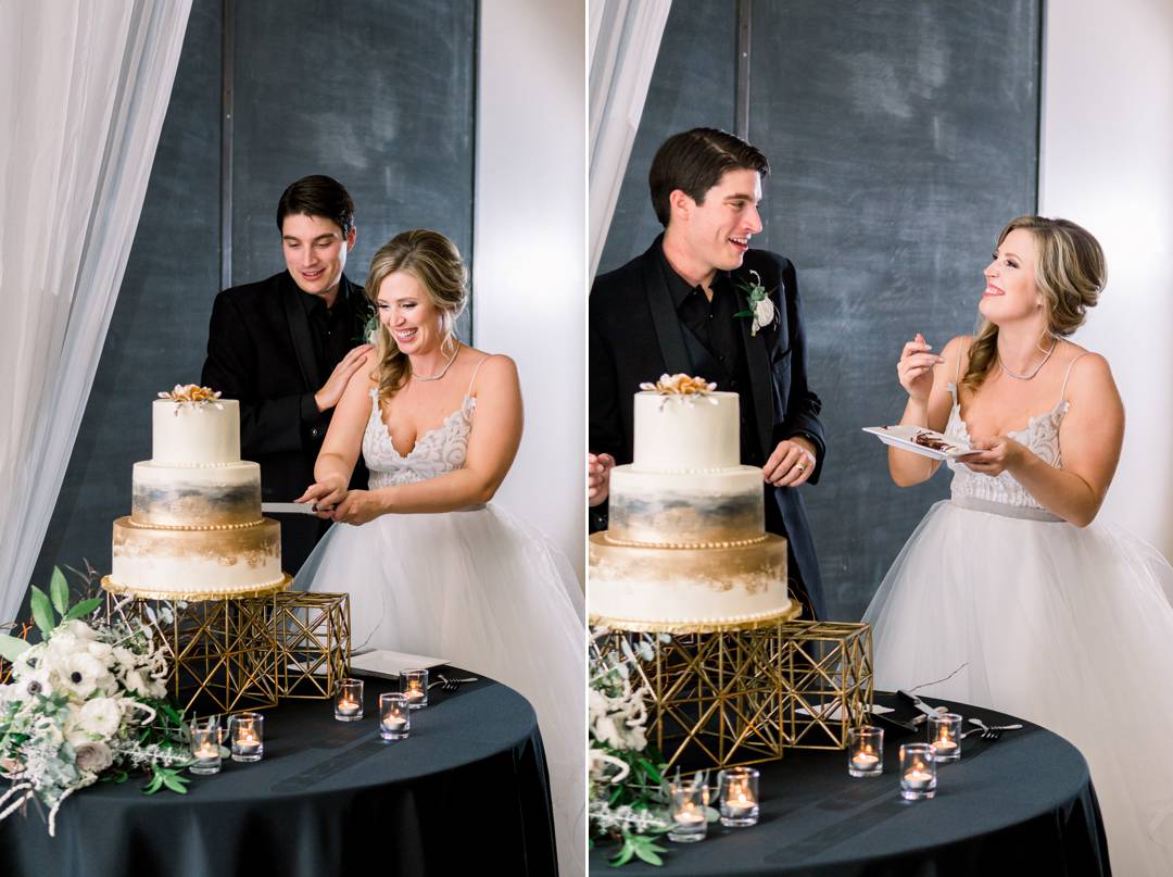 Stunning white, black, and metallic gold cake. NYE wedding at the Stave Room by Atlanta wedding photographer Leigh Wolfe Photography.