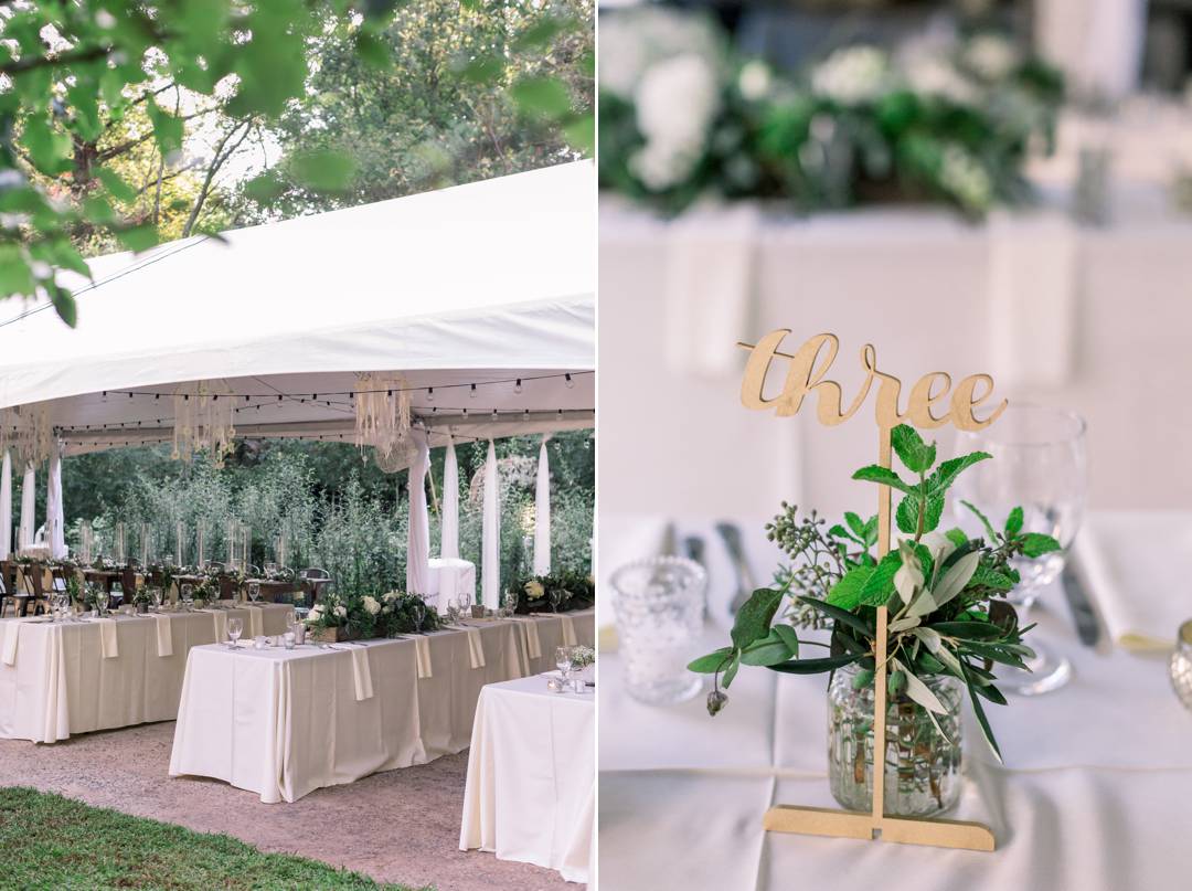 A rustic, tented reception inspired by the secret garden. Bride and Groom get married at her childhood home in Alpharetta. Images by Leigh Wolfe Photography.
