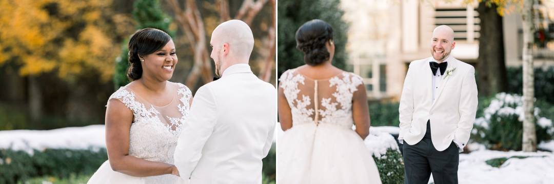 Fun first look. A Winter Wonderland Wedding at the Biltmore Ballrooms in Atlanta, GA by Leigh Wolfe Photography