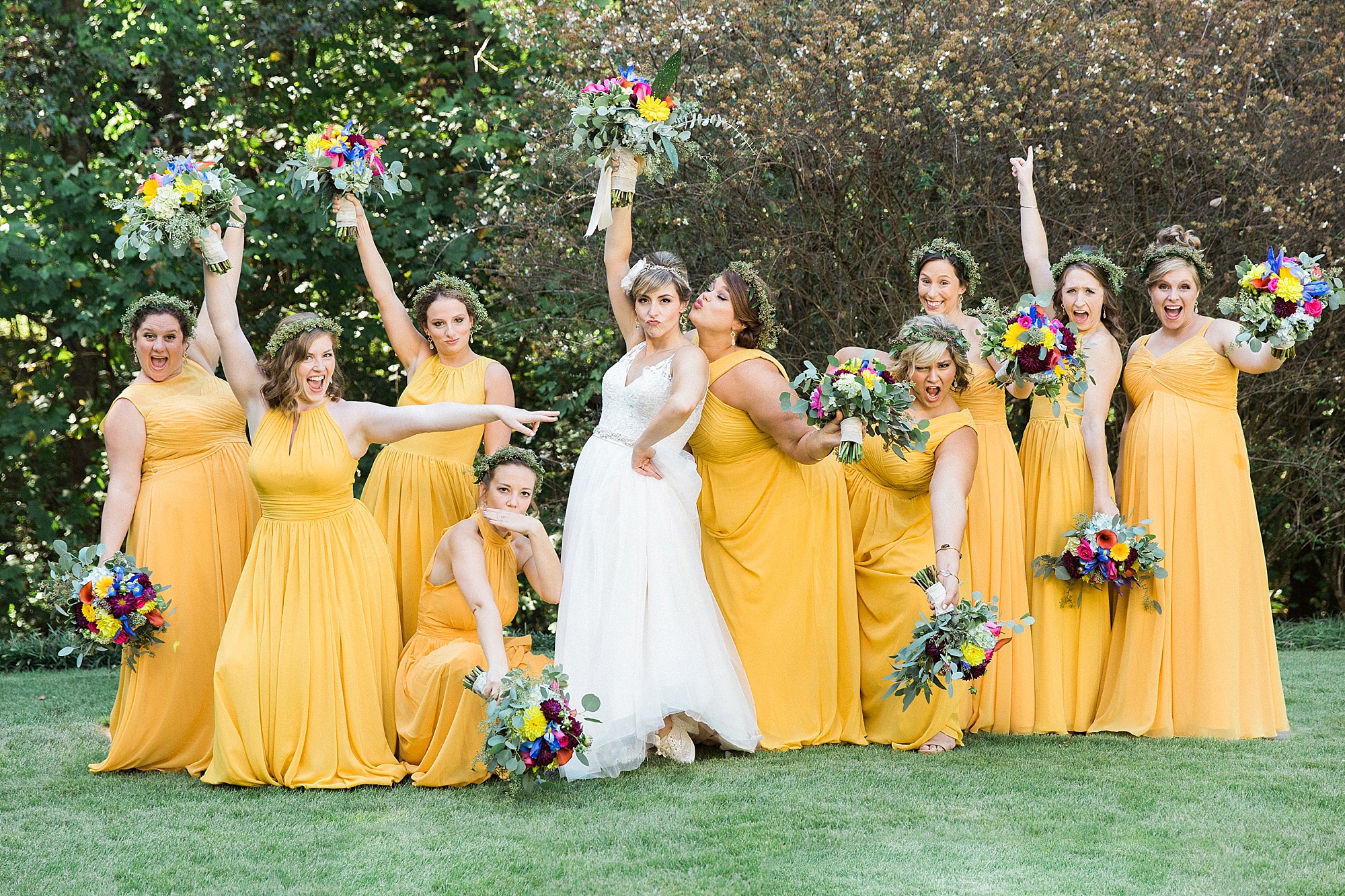 Deep Yellow Bridesmaid Dress and Flower Crown Ideas by Wedding Photographer Leigh Wolfe Photography
