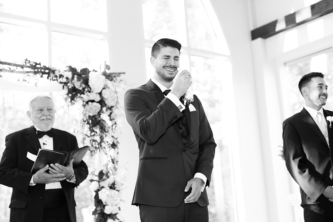 Groom crying seeing bride walking down aisle-Photos by Leigh Wolfe, Atlanta's top wedding photographer
