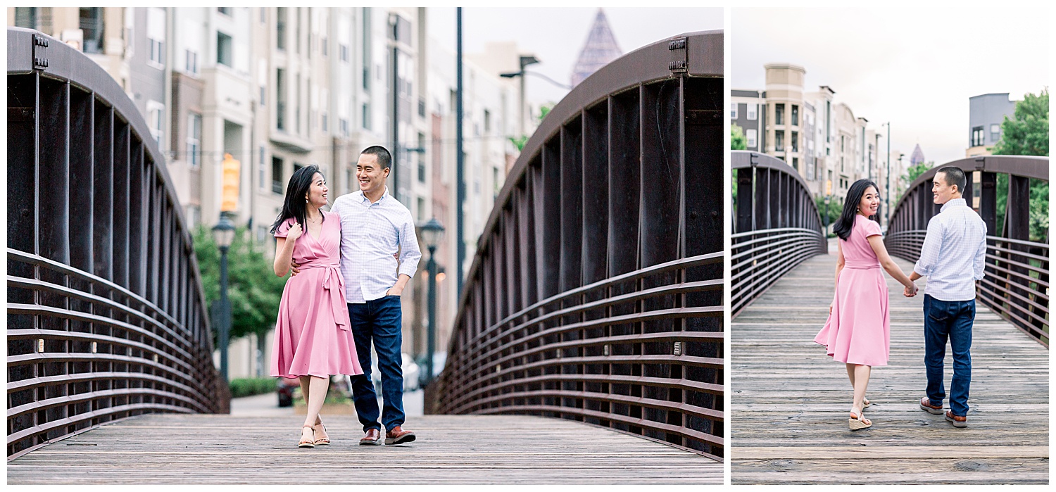 Left: couple on a bridge walking toward camera: right: couple walking away from camera on a bridge 