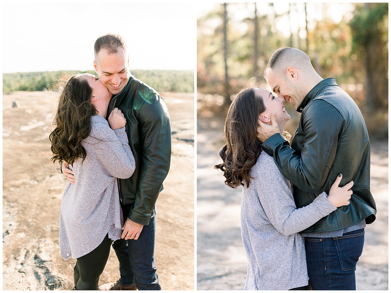 left: woman kissing man's cheek outdoors; right: couple kissing outdoors