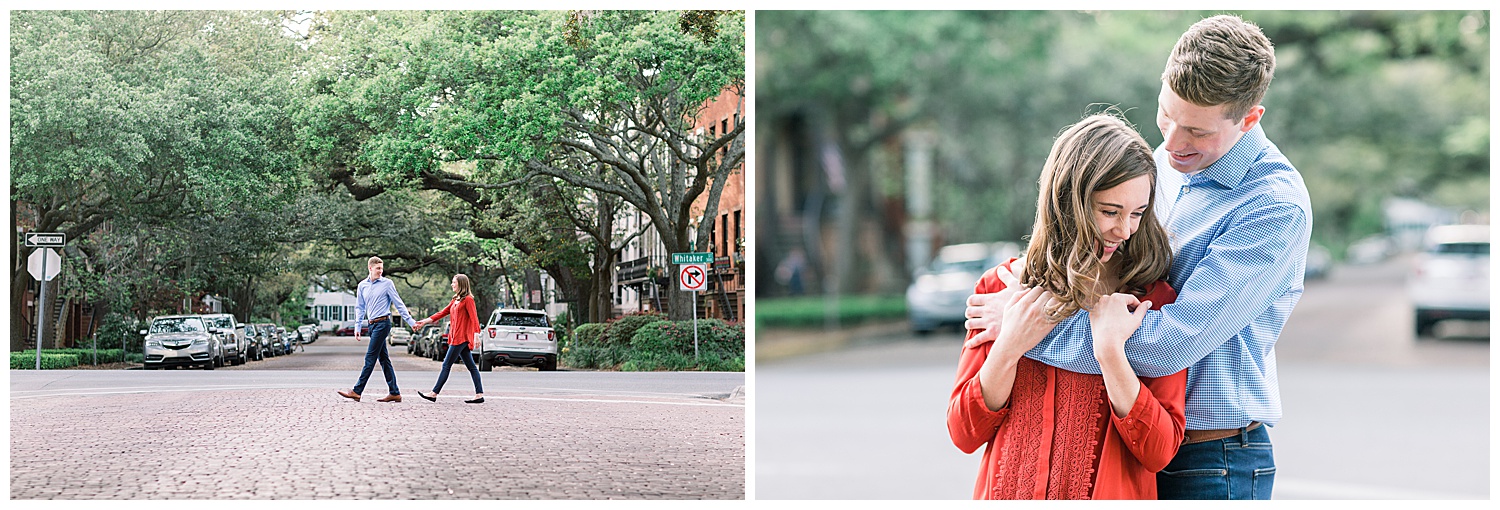 left: couple walking across a brick-paved street in Savannah, Georgia; right: couple embracing on a street 