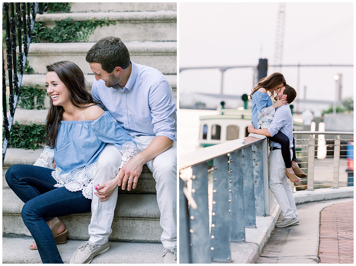 Left: Engaged couple sitting on concrete steps in Savannah, Georgia. Right: Woman sitting on bridge railing while embracing man. 