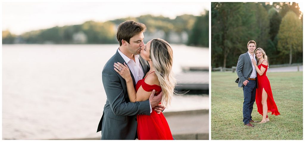 Left: engaged couple kissing on a Lake Lanier dock. Right: Engaged couple posing in grass. 
